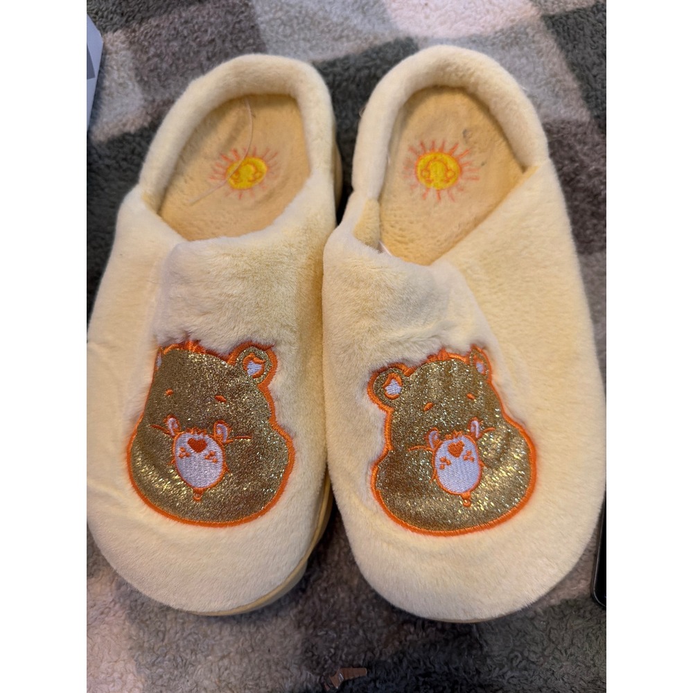 Care Bears Funshine Bear Yellow Faux Fur Slippers Glitter Scuff House Shoes M